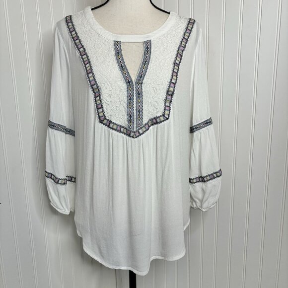 Democracy Women's Boho White Tunic Top With Embroidered Accents & Lace Details S - Picture 1 of 11